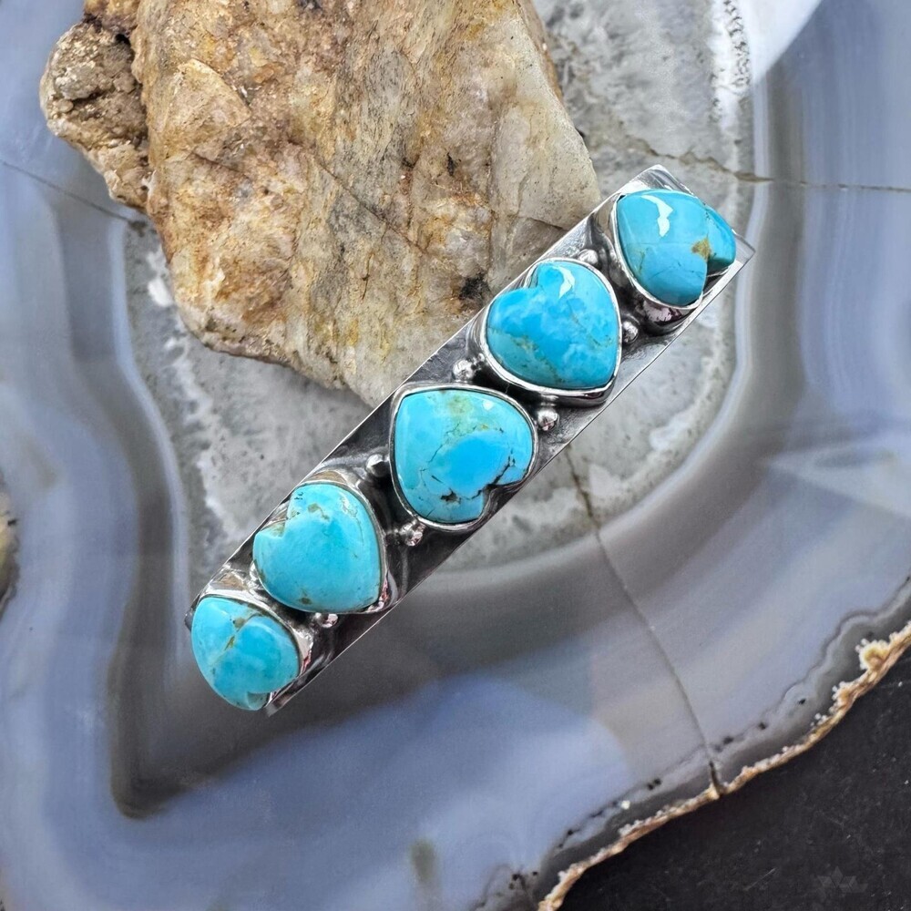 Sterling Southwestern Style 5 Blue Turquoise Heart Single Row Bracelet For Women - Picture 2 of 10
